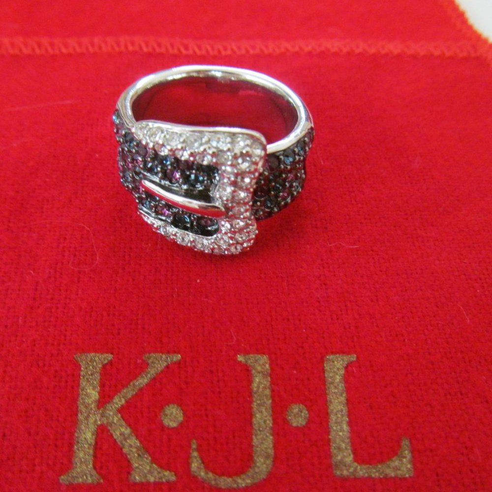 KJL WHITE/BLUE/PINK PAVE CRYSTAL BUCKLE  RING SZ 8